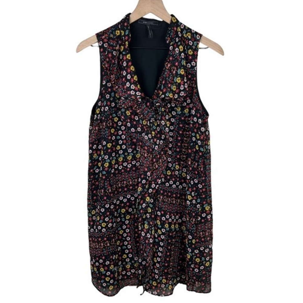 BCBG Maxazria Women Multicolor Floral Ruffle Collar Front Sleeveless Dress Small